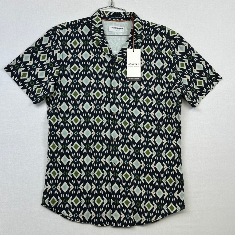 No Excess Geometric Button Shirt Men's S Navy Green Short Sleeve